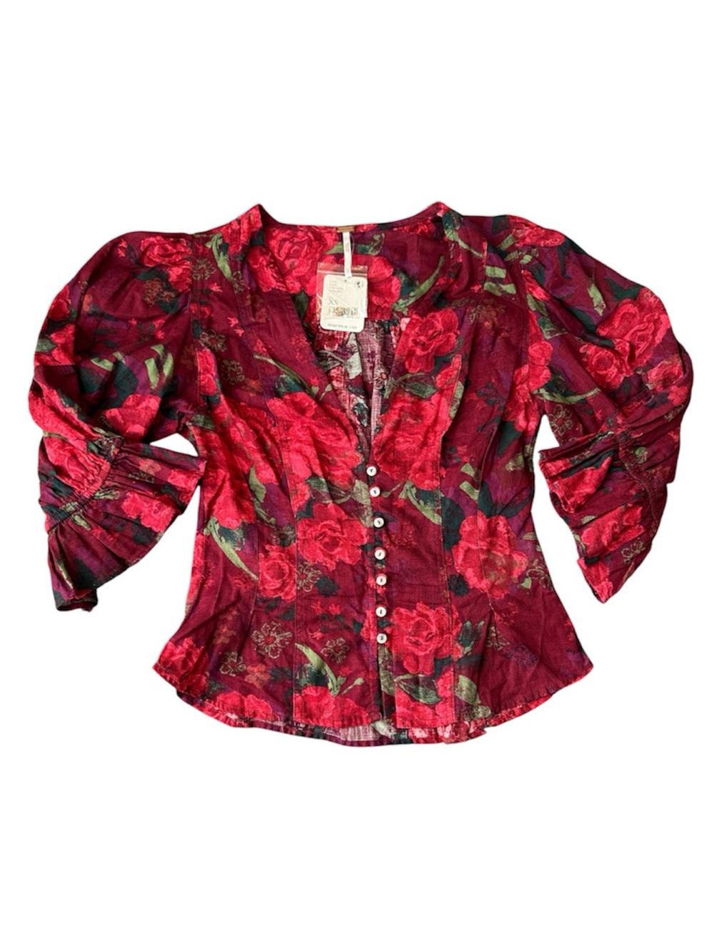 NWT Free People I Found You Floral V-Neck Puff Sleeve Blouse Wine Red XS